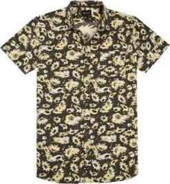 Quiksilver Kurzarmhemd, Tall Fit, Popeline, Schwarz-gelb Gemustert