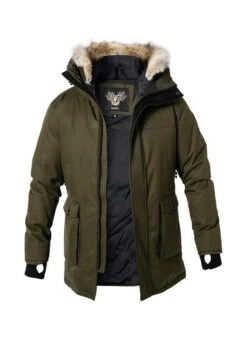 Daunenparka, Mikrofaser Wasserdicht - Echtfell, Olivgrün