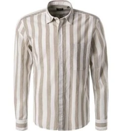 Strellson Hemd, Baumwoll-Leinen, Taupe-weiß Gestreift