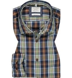 OLYMP Hemd, Body Fit, Baumwolle, Marine-hellbraun Kariert