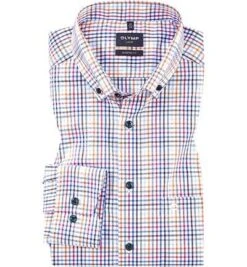 OLYMP Hemd, Modern Fit, Bio Baumwolle, Orange-blau Kariert