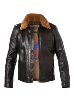 MILESTONE Lederjacke MS Mitchell, Lammnappa Lammfellkragen, Schwarz-dunkelbraun