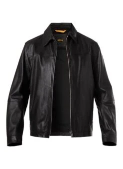 BOSS ORANGE Lederjacke, Ziegenleder, Schwarz